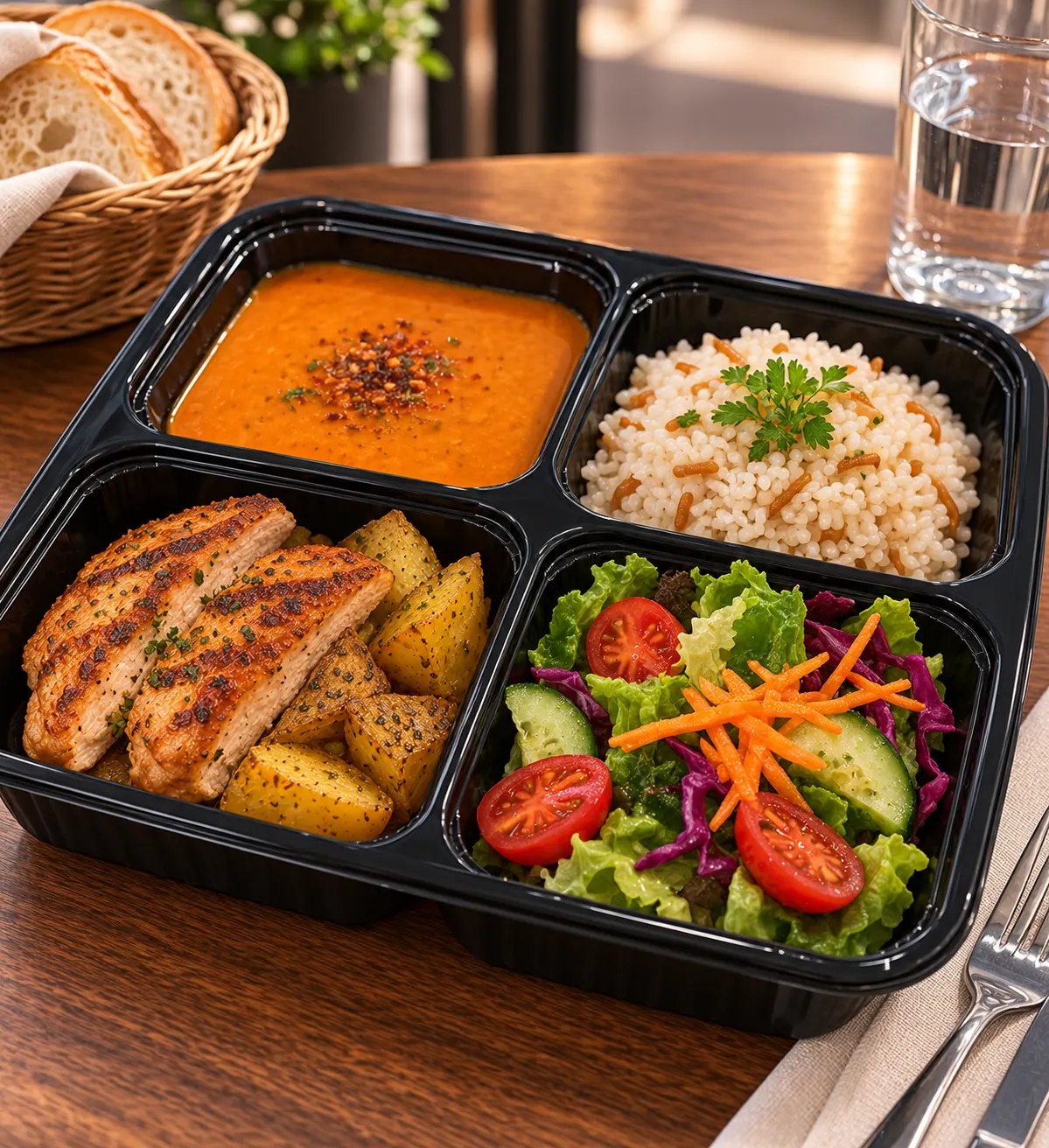 Dört bölmeli kapta çorba, pilav, ızgara tavuk ve salata