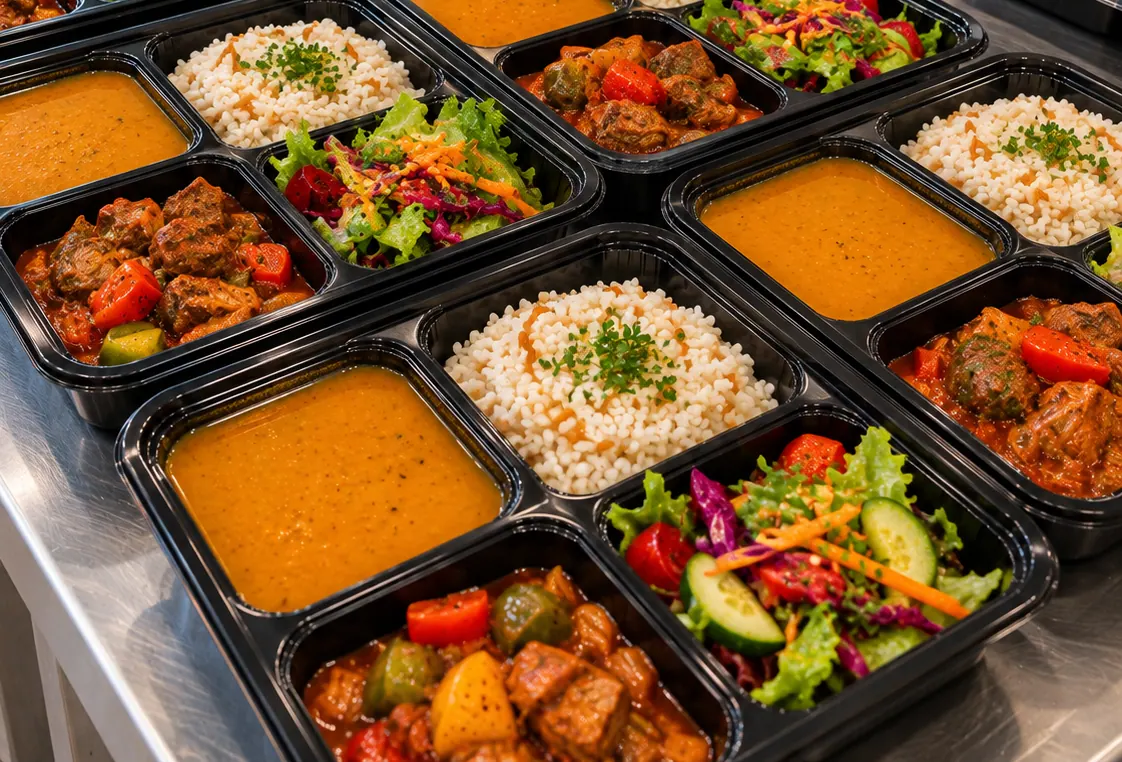 Yan yana dizilmiş bölmeli kaplarda çorba, pilav, salata ve etli yemek